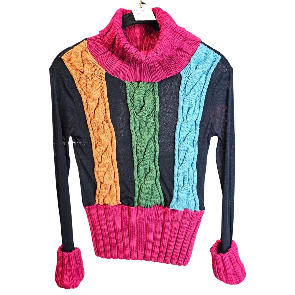 Yoki Womens Colorblock Mesh Cable Knit Turtleneck Sweater Black Pink‎
